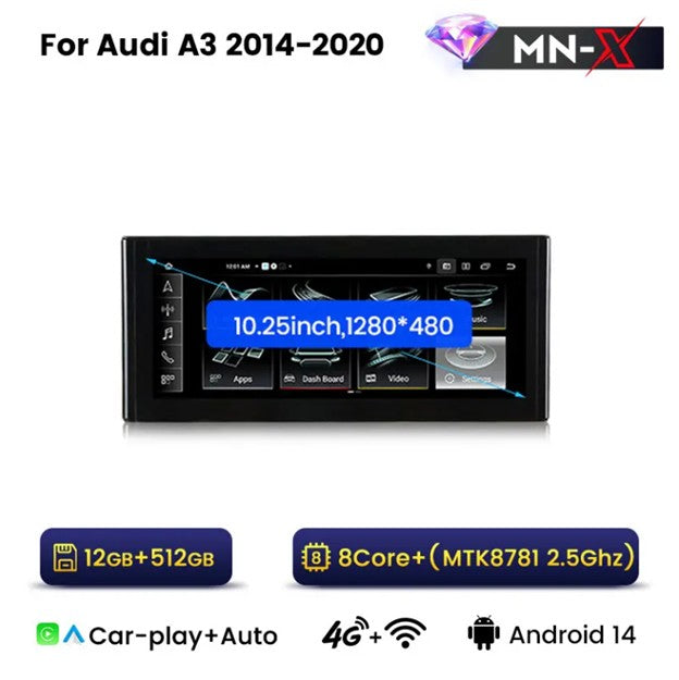 MNX Touchscreen Upgrade for Audi A3 2014-2020 10.25- & 12.5-Inch Featuring Android 13
